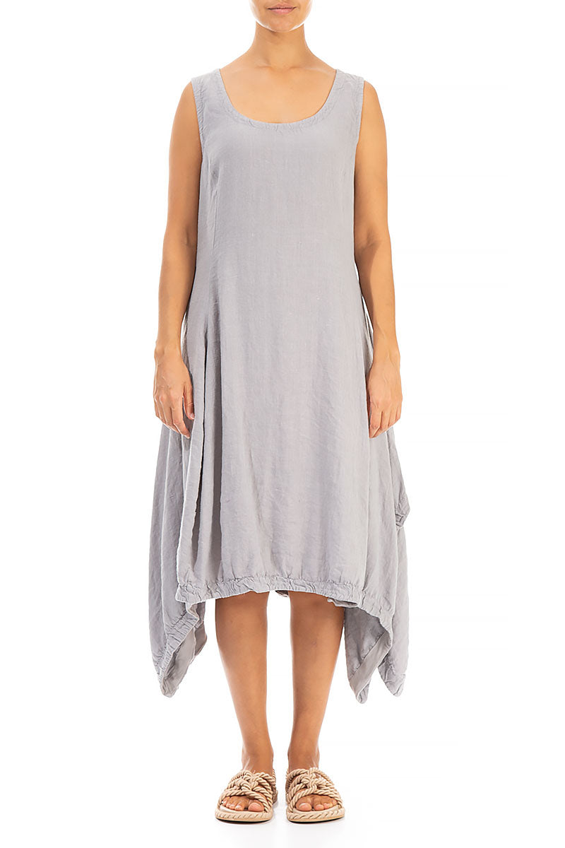 Sleeveless Dropped Edge Light Grey Linen Dress 1