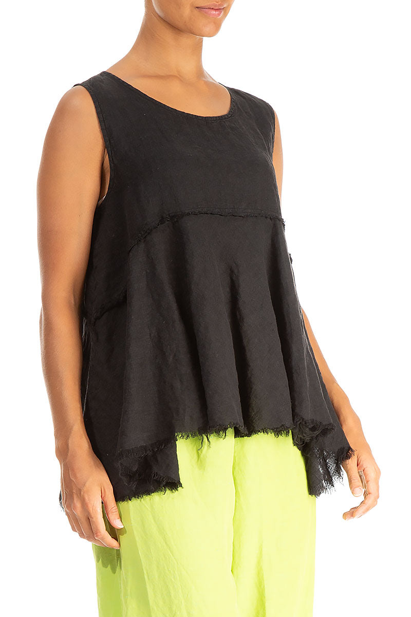 Sleeveless Flared Raw Edge Black Linen Blouse 3