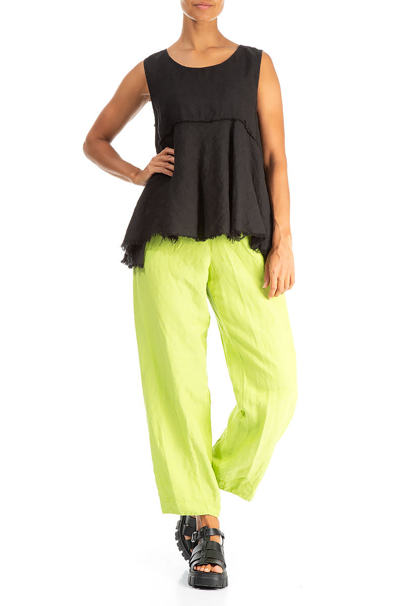 Sleeveless Flared Raw Edge Black Linen Blouse 4