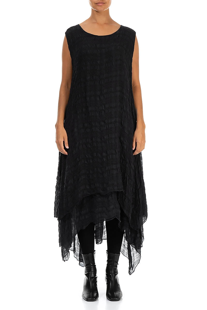 Sleeveless Flowy Black Textured Silk Dress