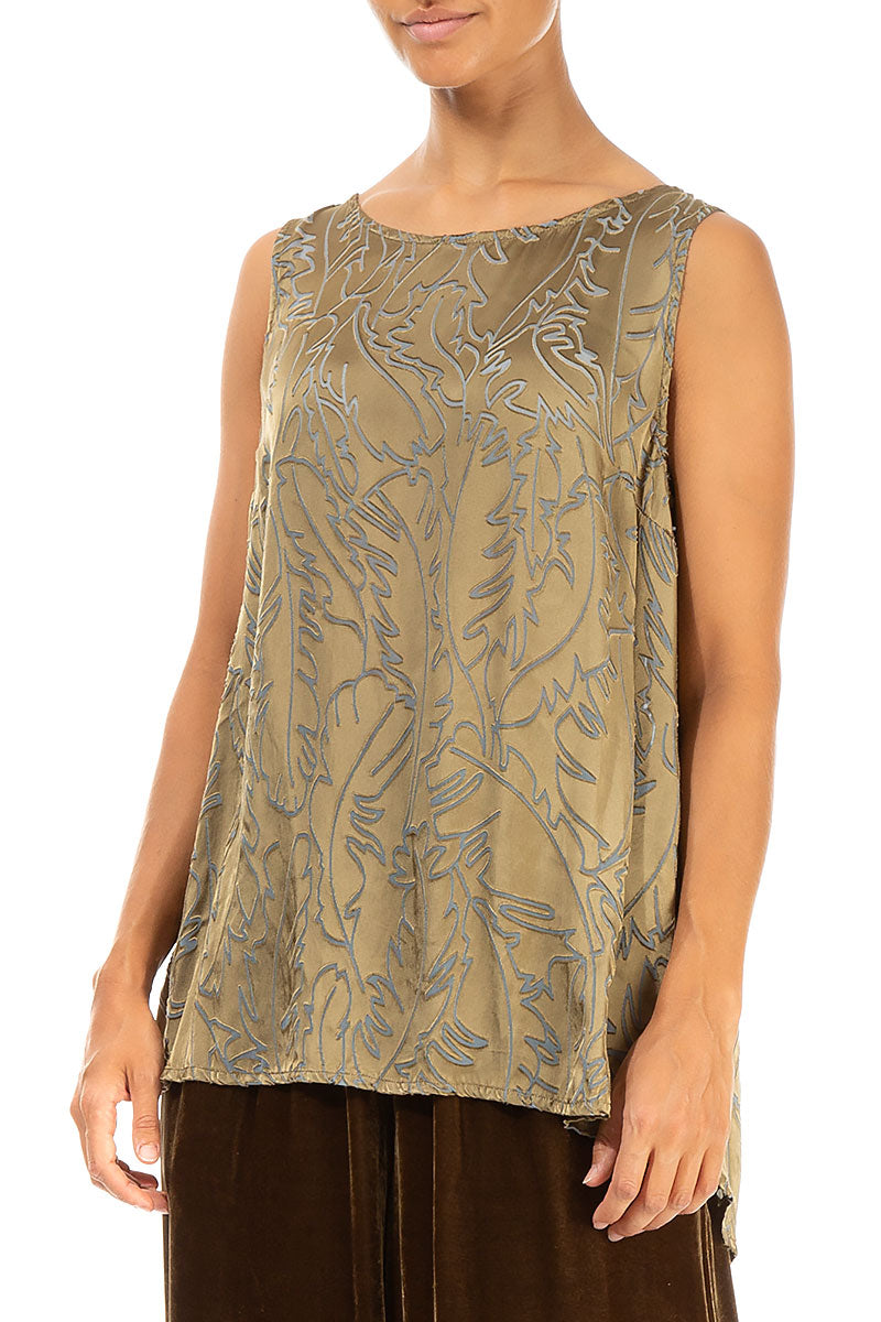 Sleeveless Golden Sage Devoré Feather Silk Top 3