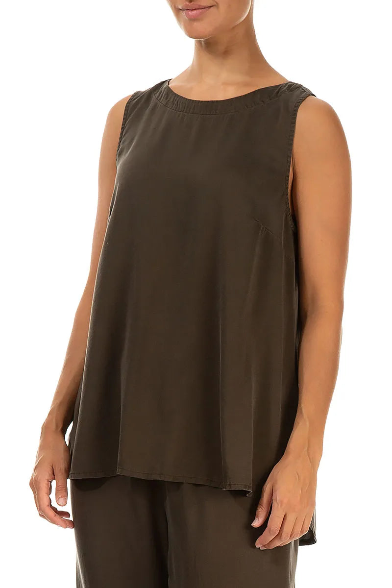 Sleeveless Longer Back Forest Brown Silk Top
