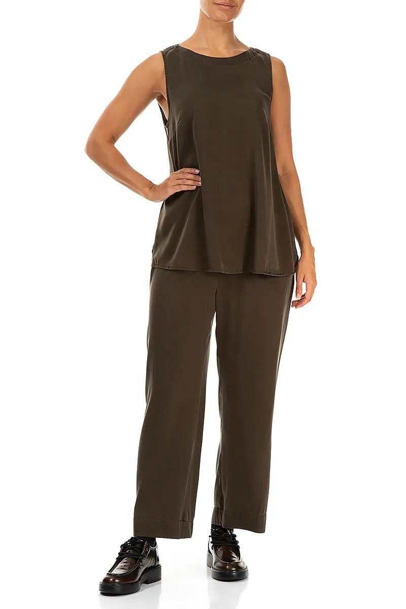 Sleeveless Longer Back Forest Brown Silk Top