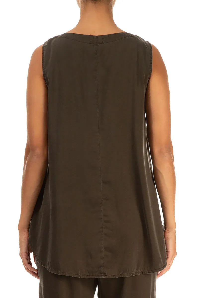 Sleeveless Longer Back Forest Brown Silk Top