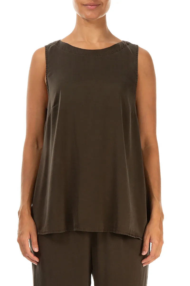 Sleeveless Longer Back Forest Brown Silk Top