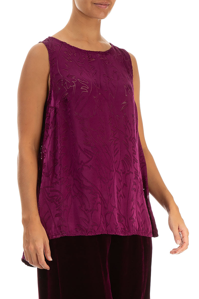 Sleeveless Magenta Devoré Feather Silk Top 3