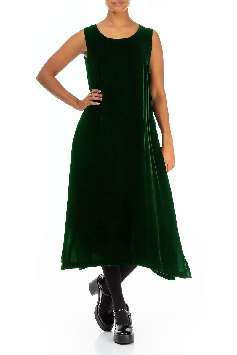 Sleeveless Pine Green Silk Velvet Shift Dress 4