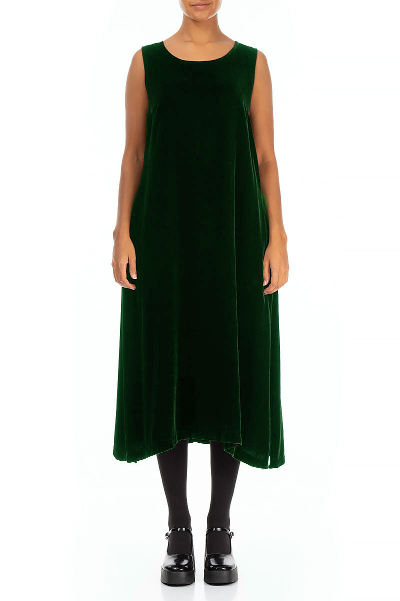 Sleeveless Pine Green Silk Velvet Shift Dress 1