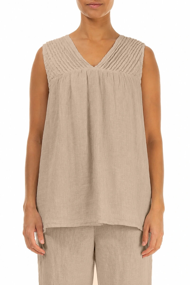 Sleeveless Pleated Beige Linen Top 1