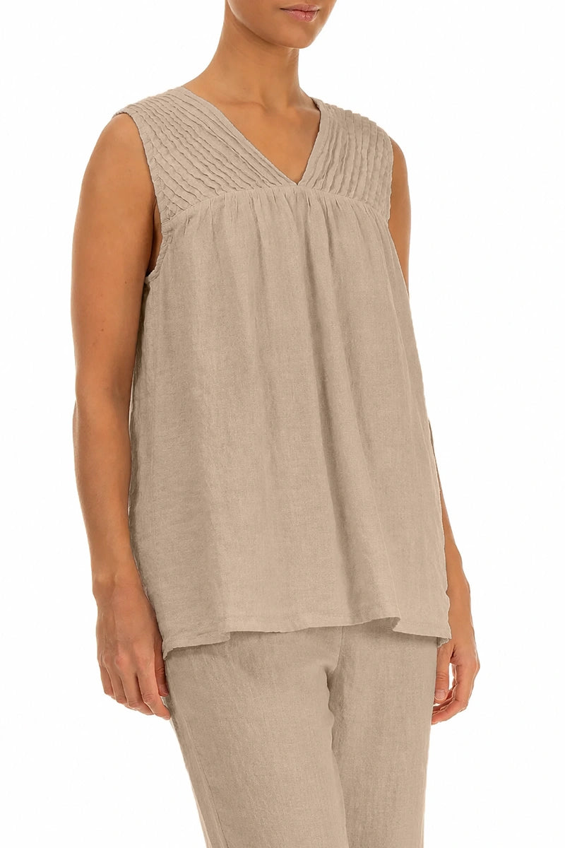 Sleeveless Pleated Beige Linen Top 3