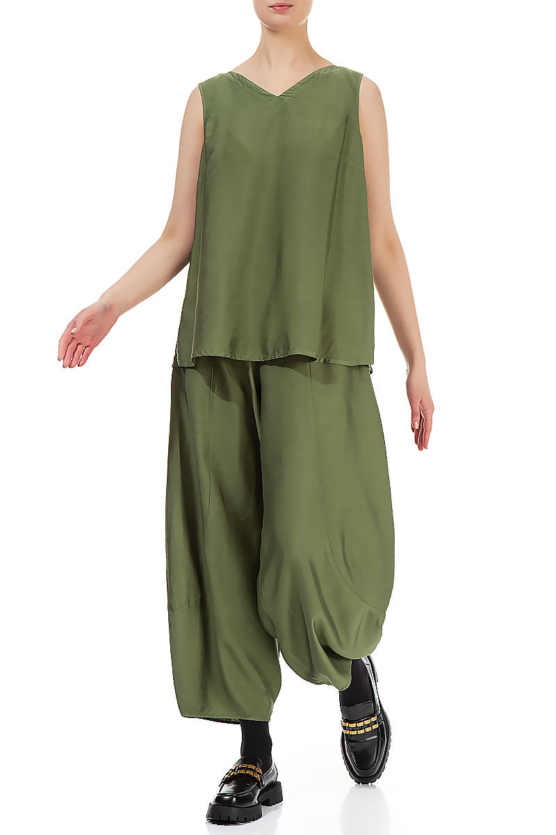 Sleeveless V-Neck Dark Sage Silk Bamboo Top 5