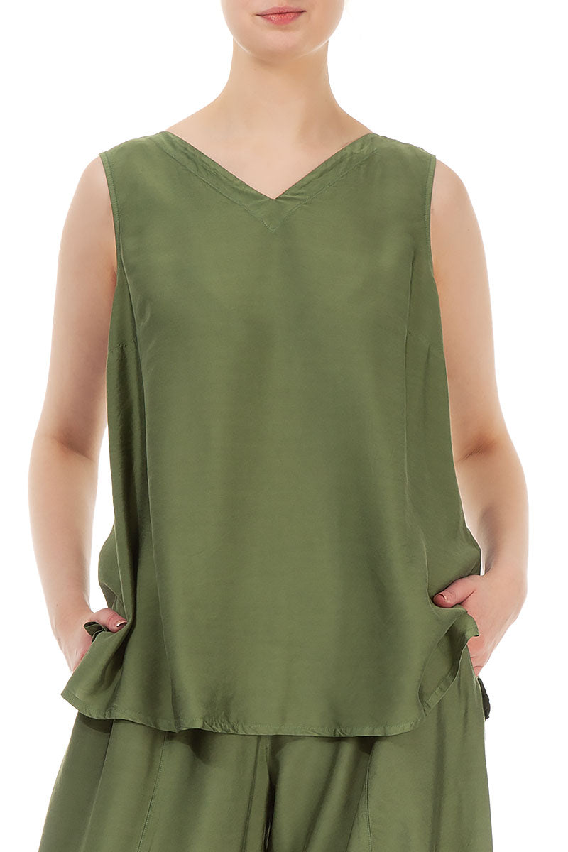 Sleeveless V-Neck Dark Sage Silk Bamboo Top 4