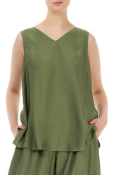 Sleeveless V-Neck Dark Sage Silk Bamboo Top 4