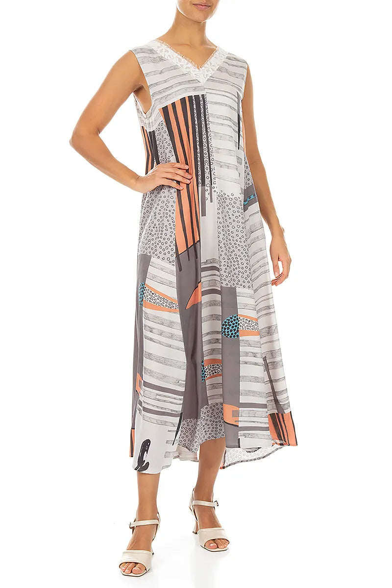 Sleeveless V-Neck Modern Print Silk Dress 4