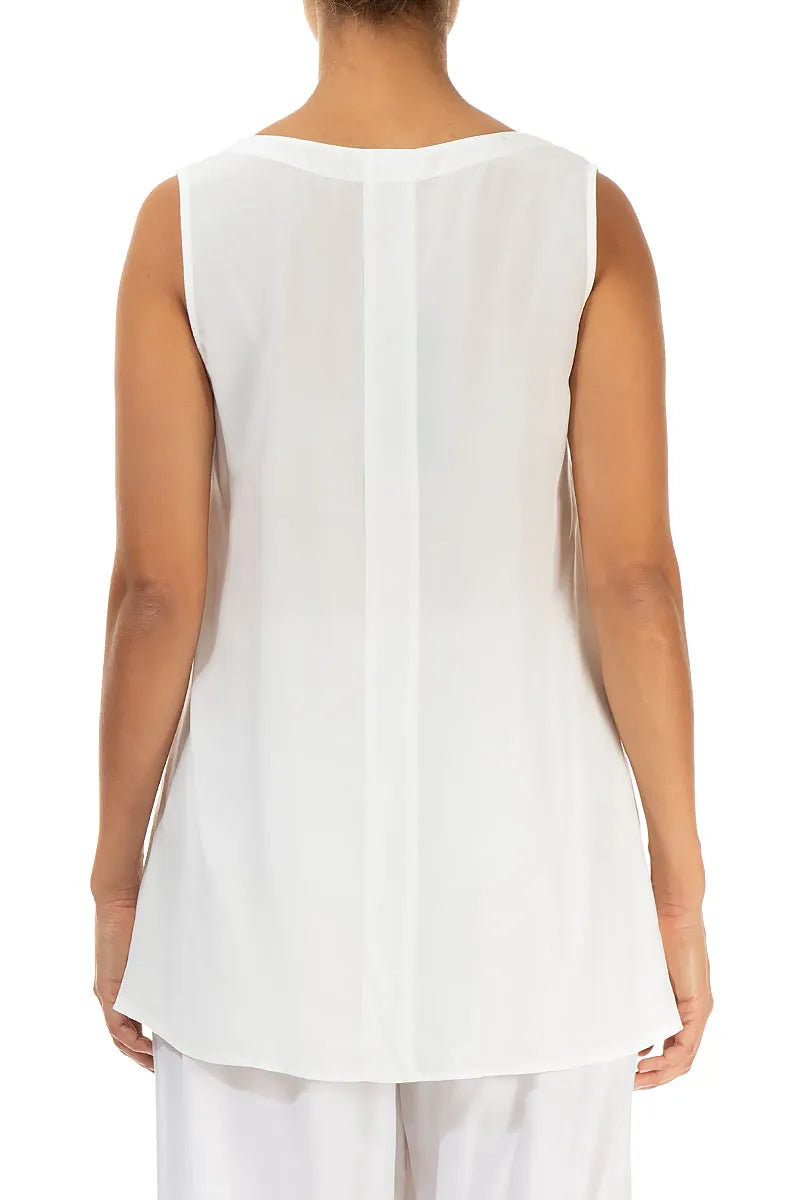 Sleeveless V-Neck White Silk Bamboo Blouse 2