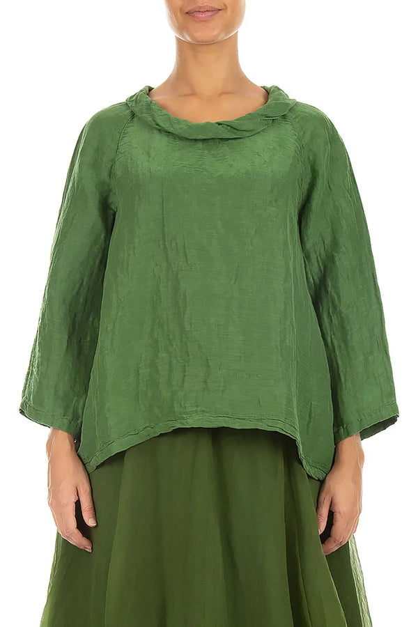 Soft Cowl Neck Shamrock Green Textured Silk Blouse 1