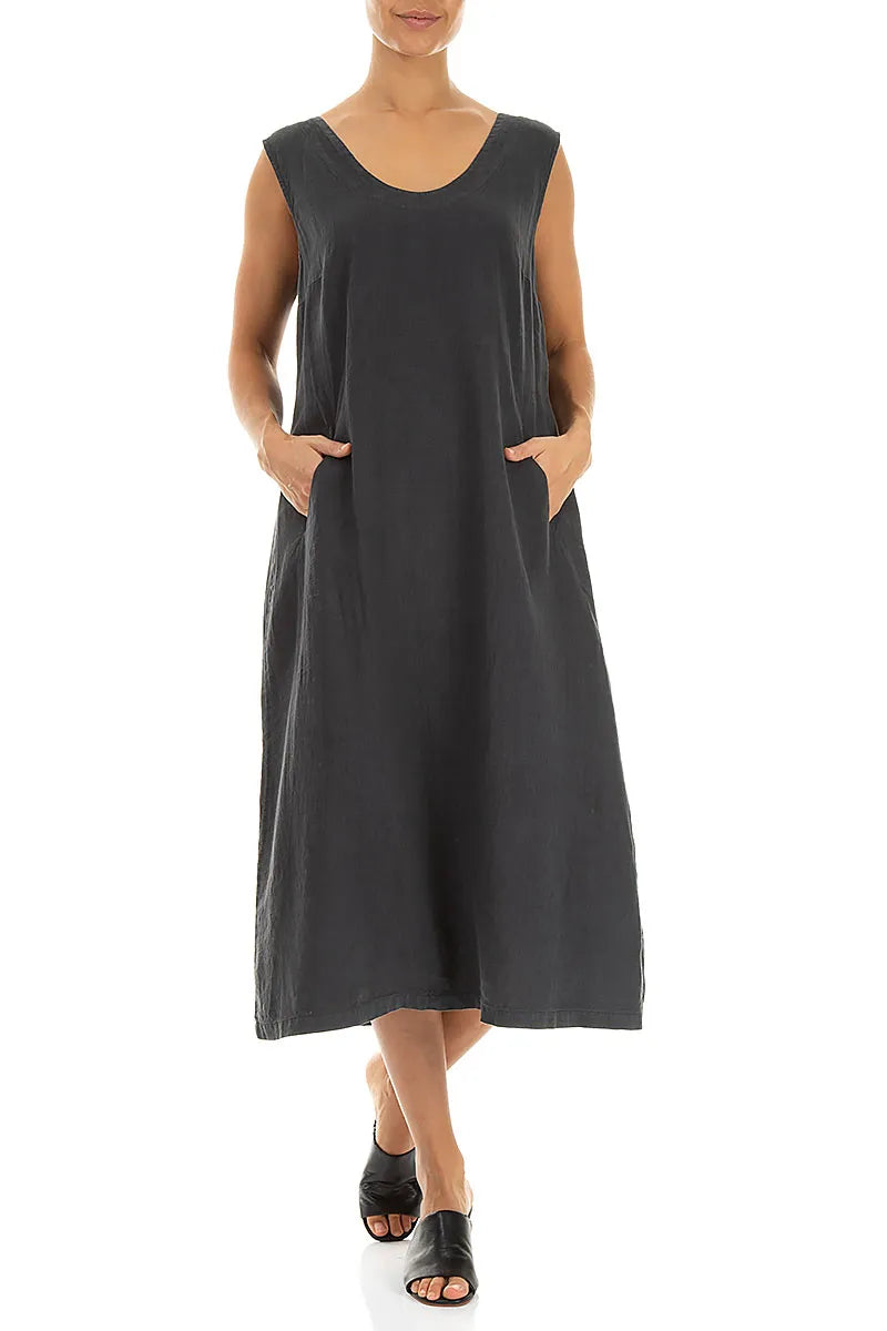 Soft V-Neck Graphite Linen Dress