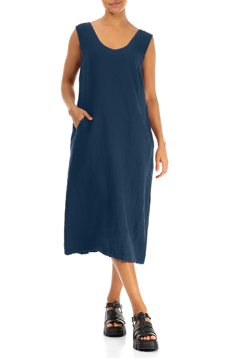 Soft V-Neck Navy Linen Dress 4