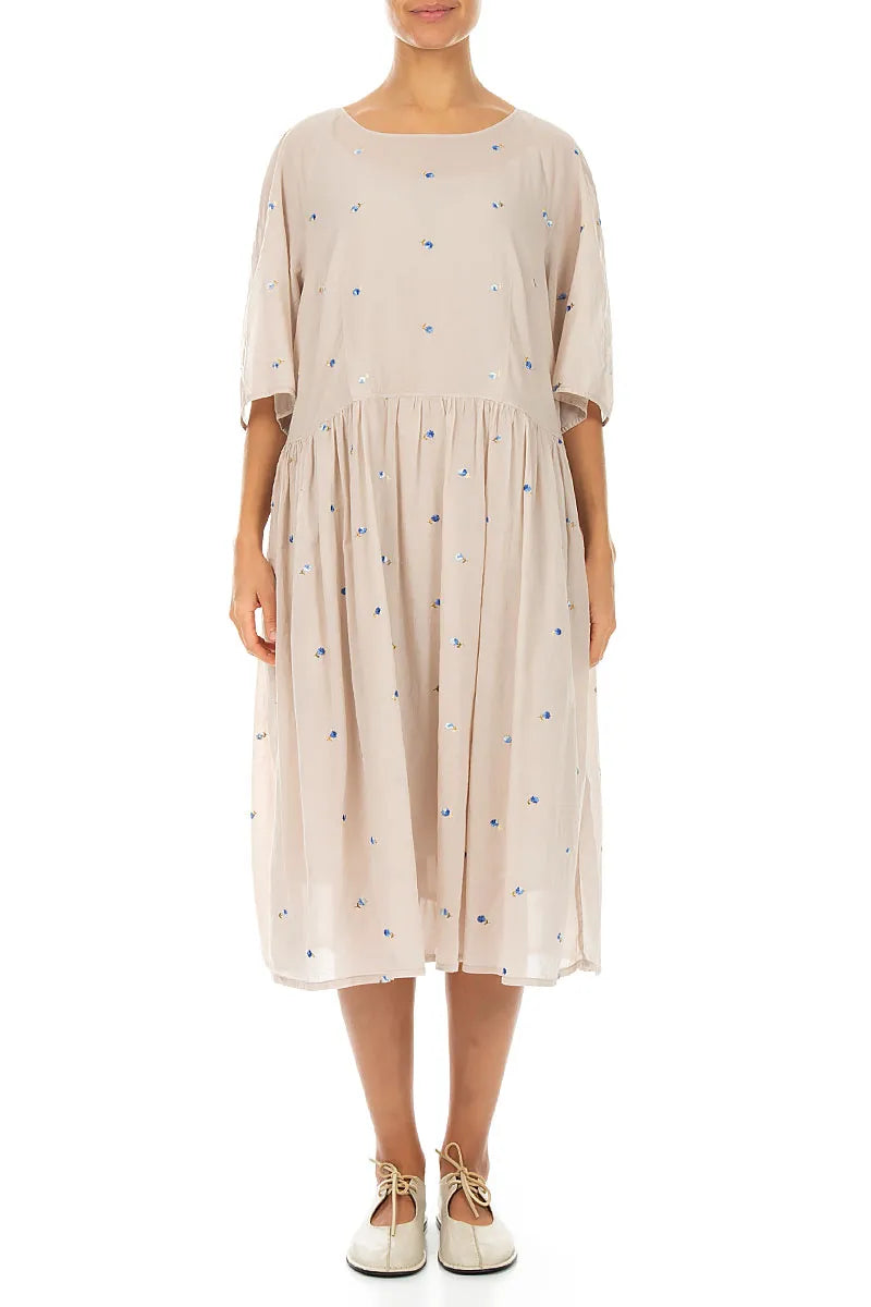 Soft Volume Beige Embroidered Petals Cotton Midi Dress 1