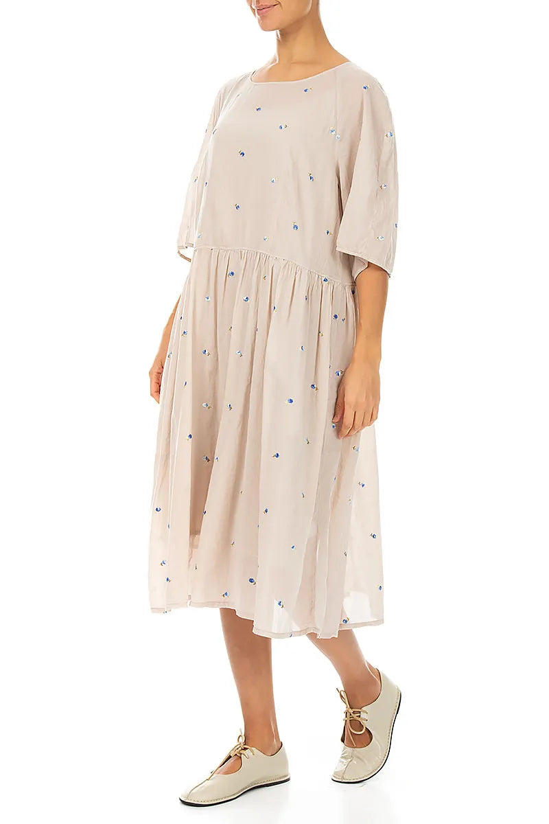 Soft Volume Beige Embroidered Petals Cotton Midi Dress 3