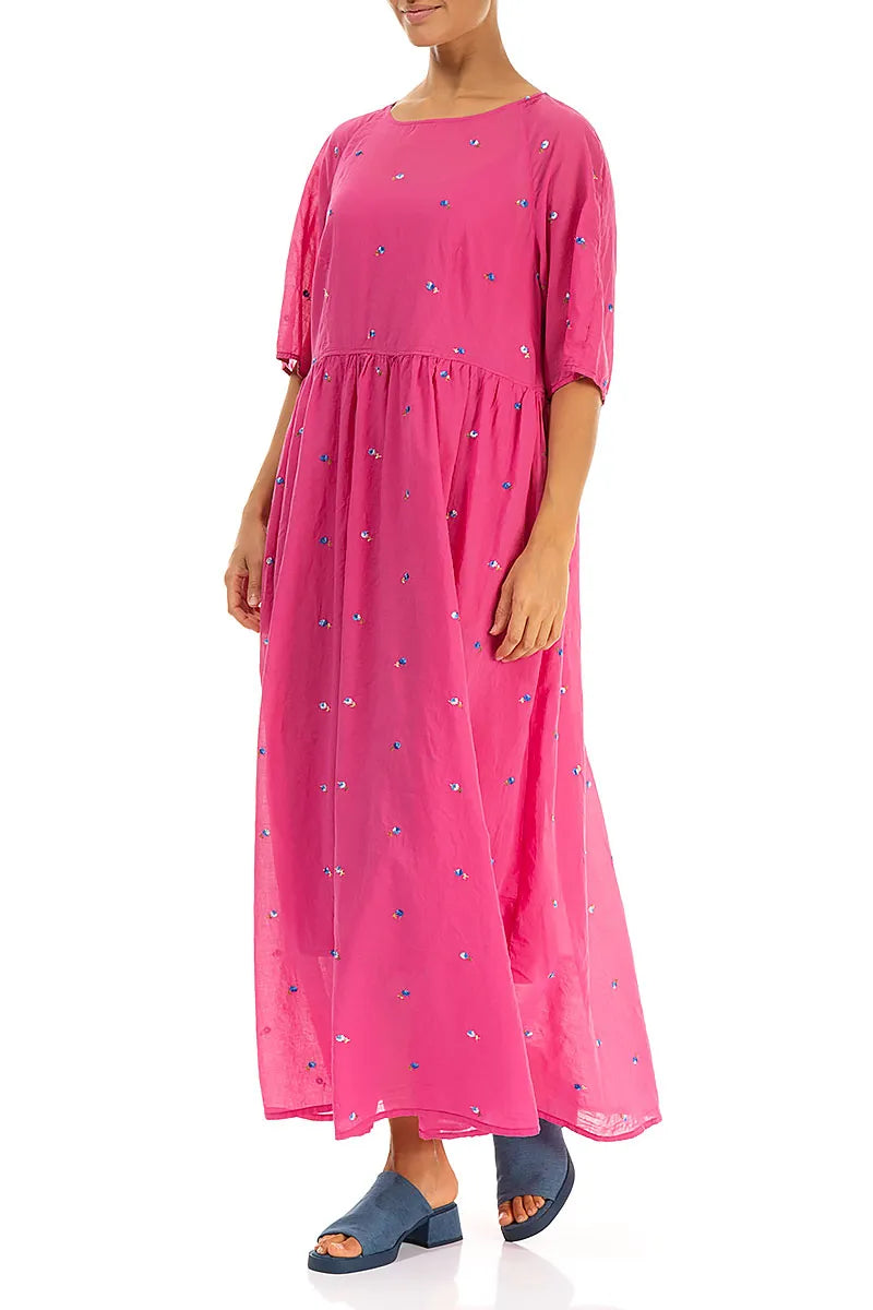 Soft Volume Fuchsia Embroidered Petals Cotton Dress 3
