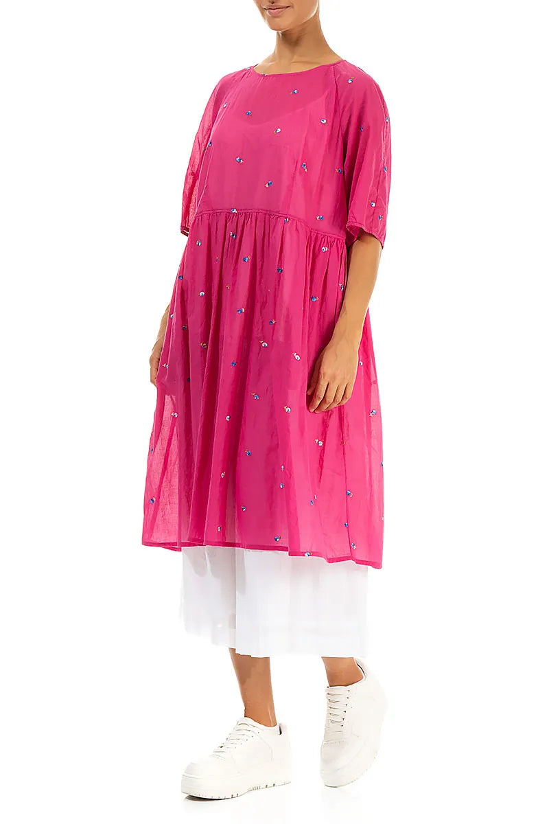 Soft Volume Fuchsia Embroidered Petals Cotton Midi Dress 3