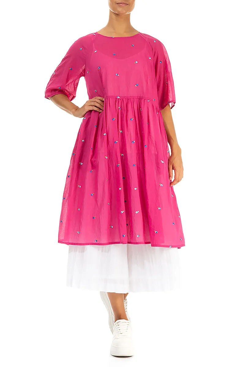 Soft Volume Fuchsia Embroidered Petals Cotton Midi Dress 4