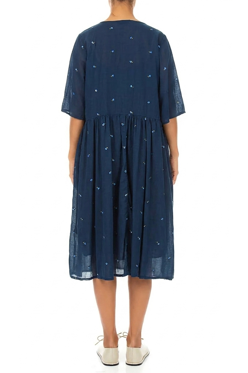 Soft Volume Navy Embroidered Petals Cotton Midi Dress 2