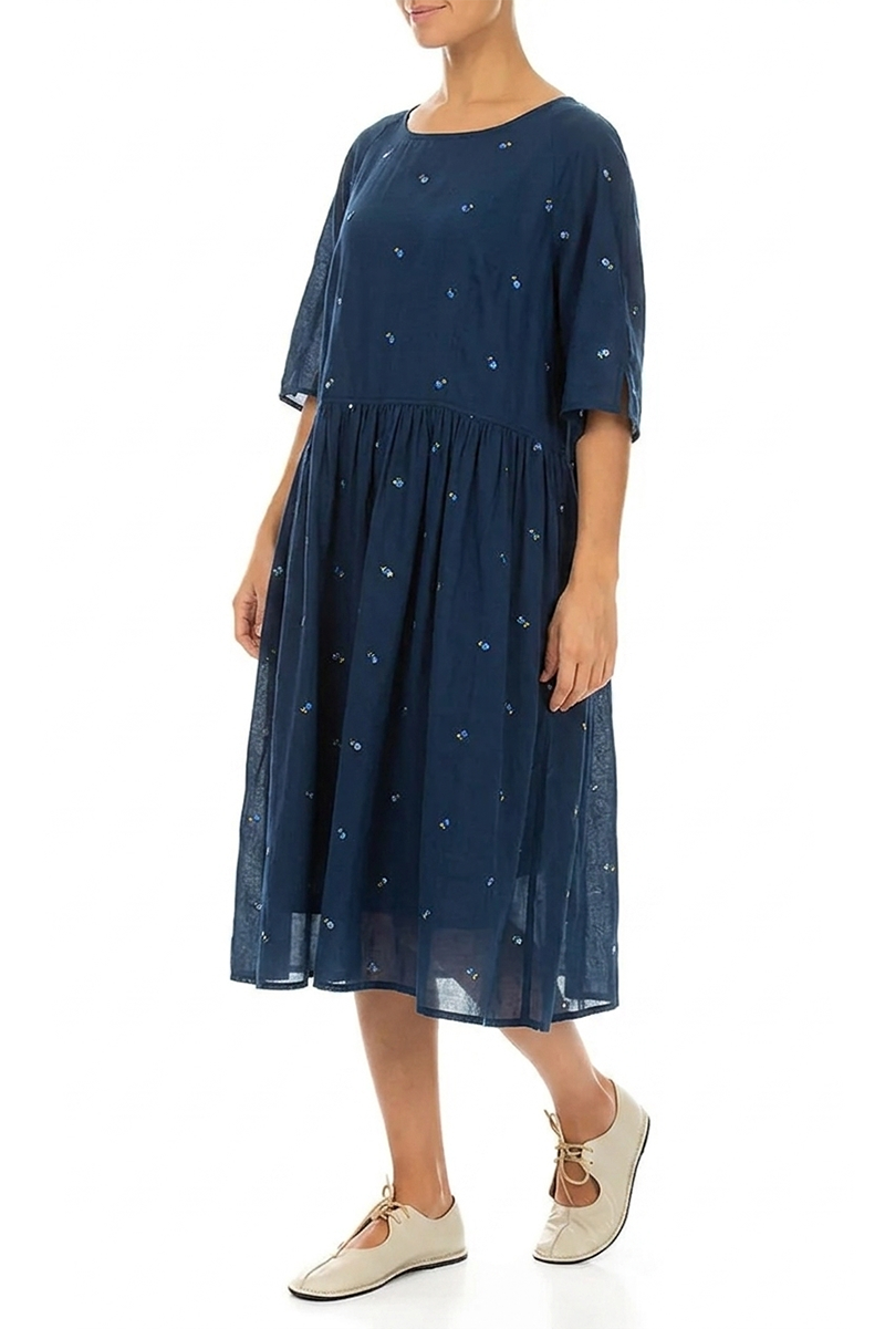 Soft Volume Navy Embroidered Petals Cotton Midi Dress 4