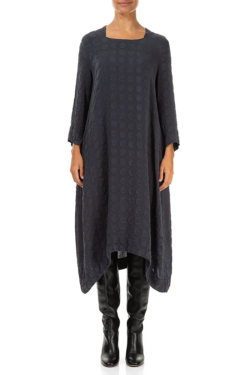 Square Neck Bubble Graphite Blue Silver Silk Dress