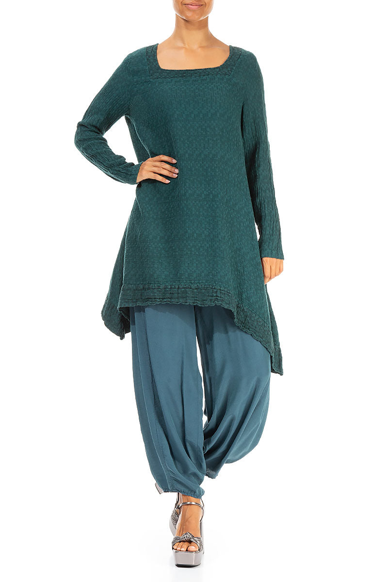 Square Neck Teal Textured Linen Tunic 4