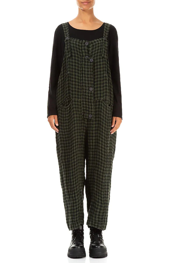 Strappy Forest Mist Check Linen Jumpsuit 1