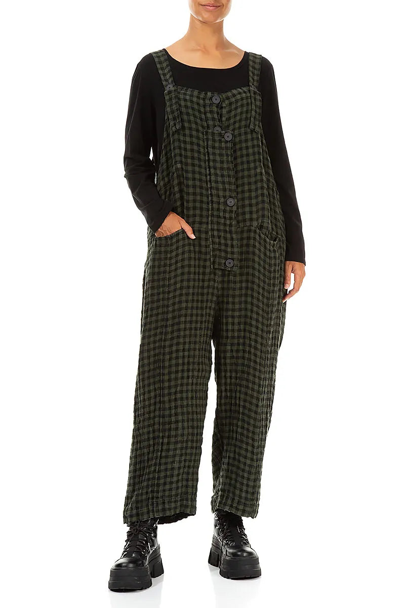 Strappy Forest Mist Check Linen Jumpsuit 3