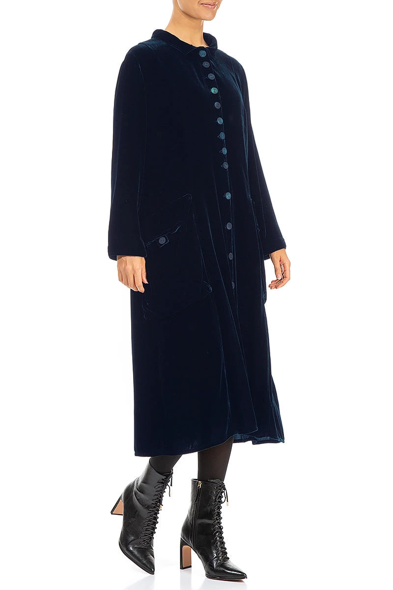 Stylish Long Royal Blue Silk Velvet Jacket