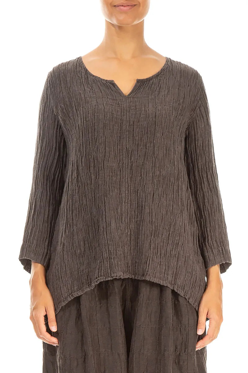 Sweetheart Neck Crinkled Forest Brown Silk Blouse 1