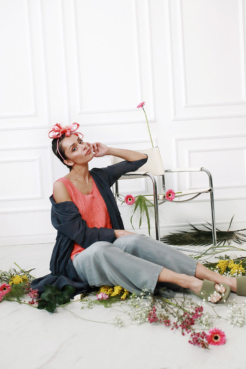 Sweetheart Neck Crinkled Living Coral Silk Top 6