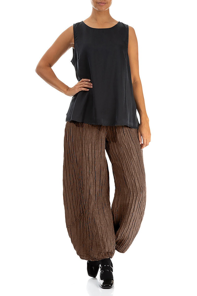 Taper Crinkled Aged Copper Silk Linen Trousers 4