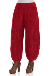 Taper Crinkled Cherry Red Silk Linen Trousers 3
