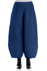Taper Crinkled Royal Blue Silk Linen Trousers 1