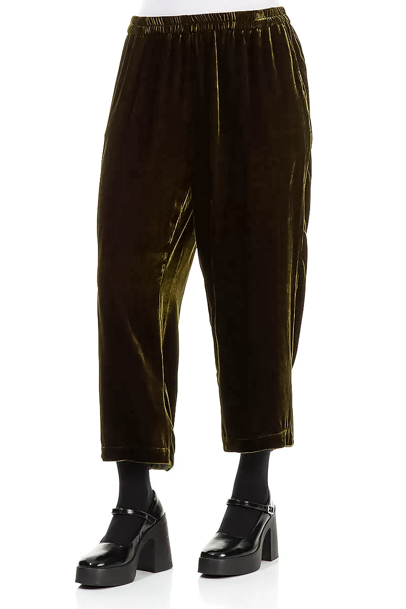 Taper Cropped Forest Green Silk Velvet Trousers