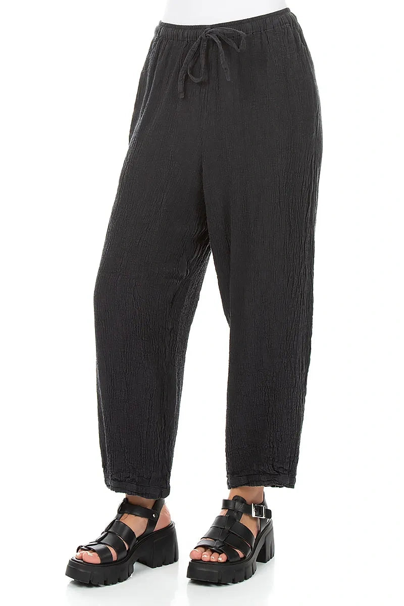 Taper Tie Up Graphite Textured Linen Trousers 3