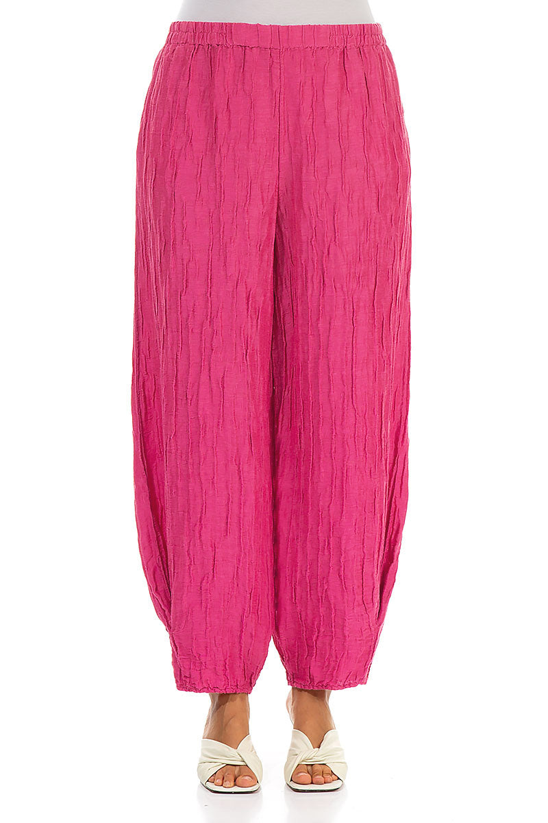 Tapered Barrel Fuchsia Crinkled Silk Linen Trousers 1
