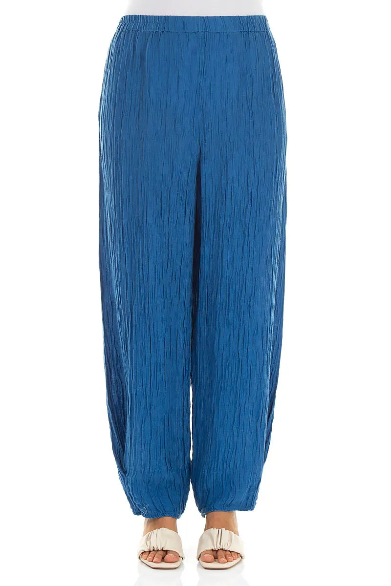 Tapered Cobalt Blue Crinkled Silk Trousers