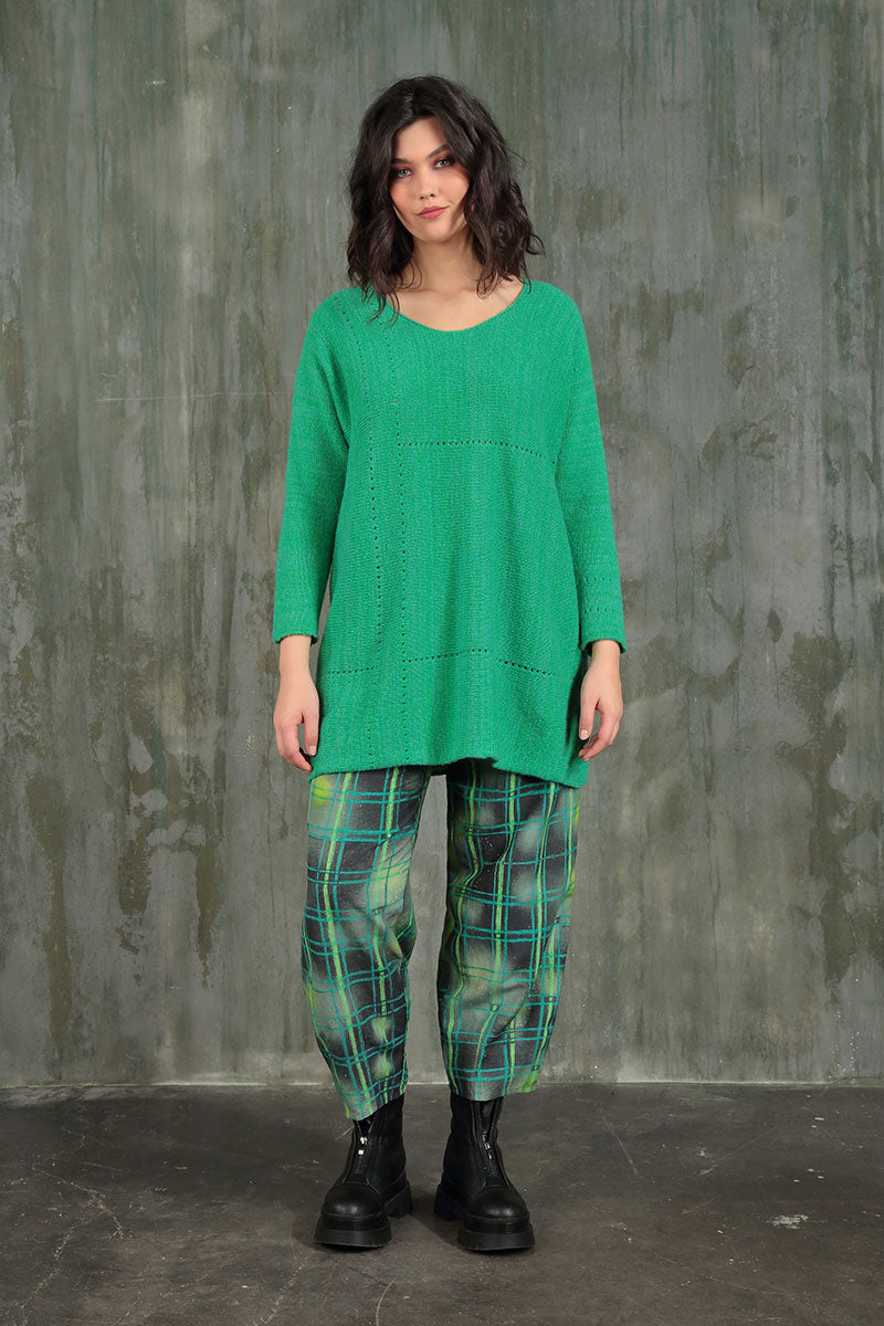 Tapered Emerald Grid Silk Linen Trousers