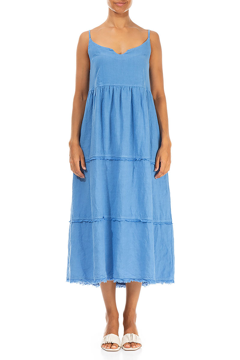 Tie Strap Tiered Cornflower Linen Dress 1