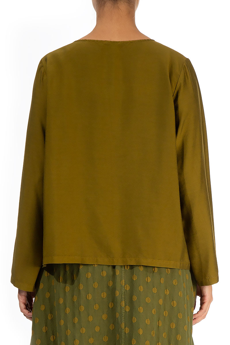 Tuck Front Olive Silk Bamboo Blouse 2