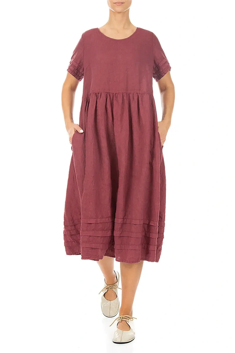 Tucks Decorated Antique Ruby Linen Dress 5