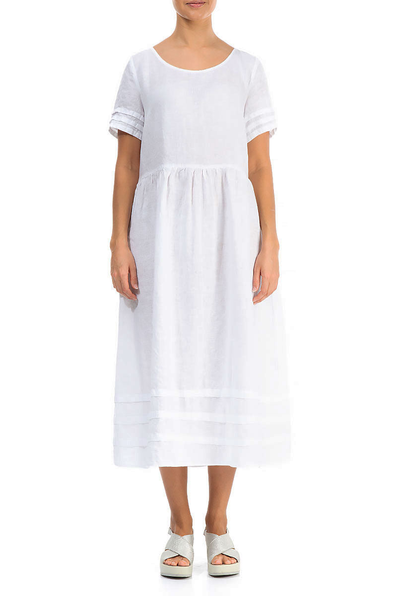 Tucks Decorated White Linen Dress 1