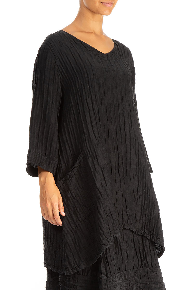 Twin Pockets Crinkled Black Silk Linen Tunic 3
