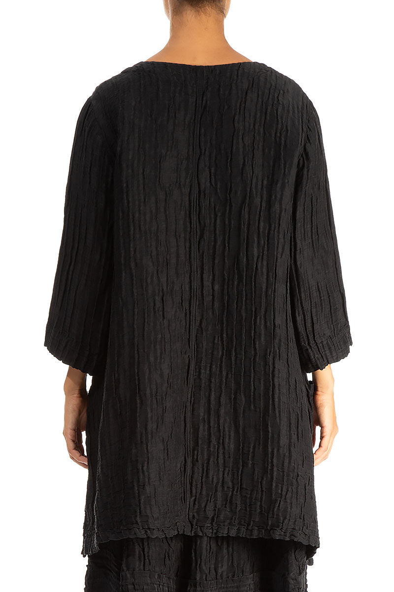 Twin Pockets Crinkled Black Silk Linen Tunic 2